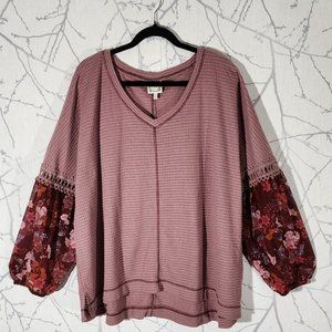 Trueself Pink Waffle Knit Mixed Fabric Puff Sleeve Top